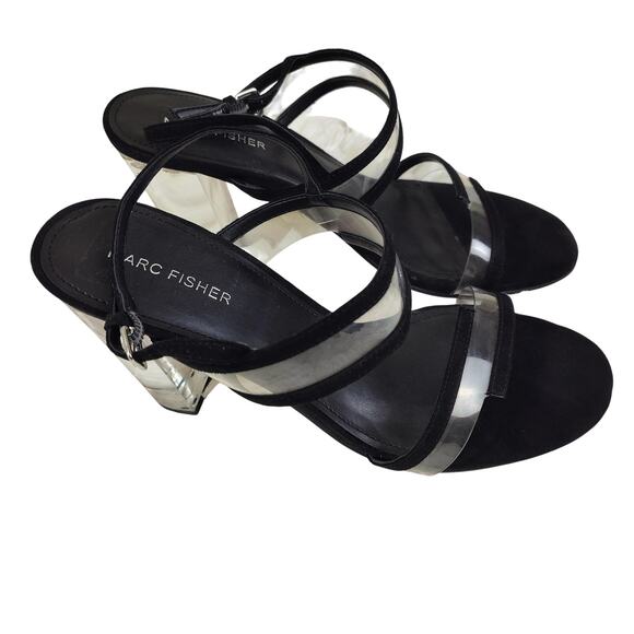 Marc Fisher Shoes Womens Size 9 Black Strappy Sandals Clear Lucite Block Heel - Picture 1 of 11